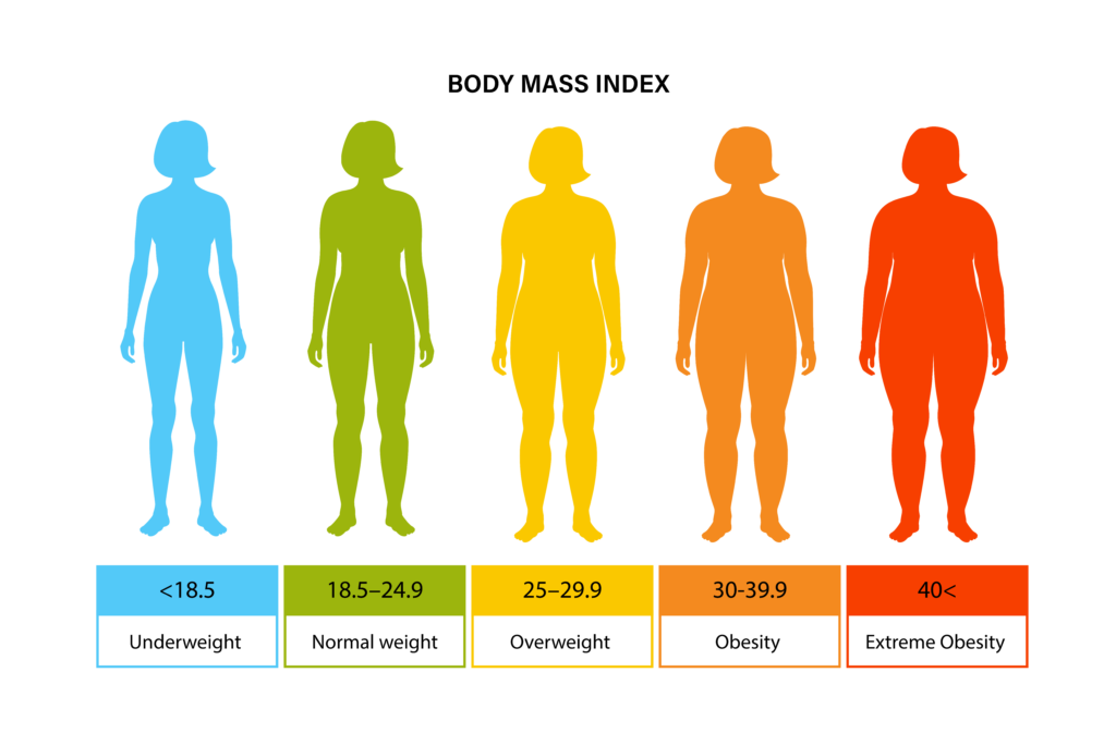 Your BMI is calculated by dividing your weight by your height squared. This number indicates if you are under or overweight, normal weight or obese.